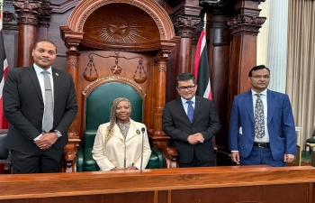 Minister of State for External Affairs, Govt of India was welcomed by the Speaker of the House of Representative, Senator the Hon. Mr. Nigel de Freitas, President of the Senate at the historic Red House (Parliament of T&T). 